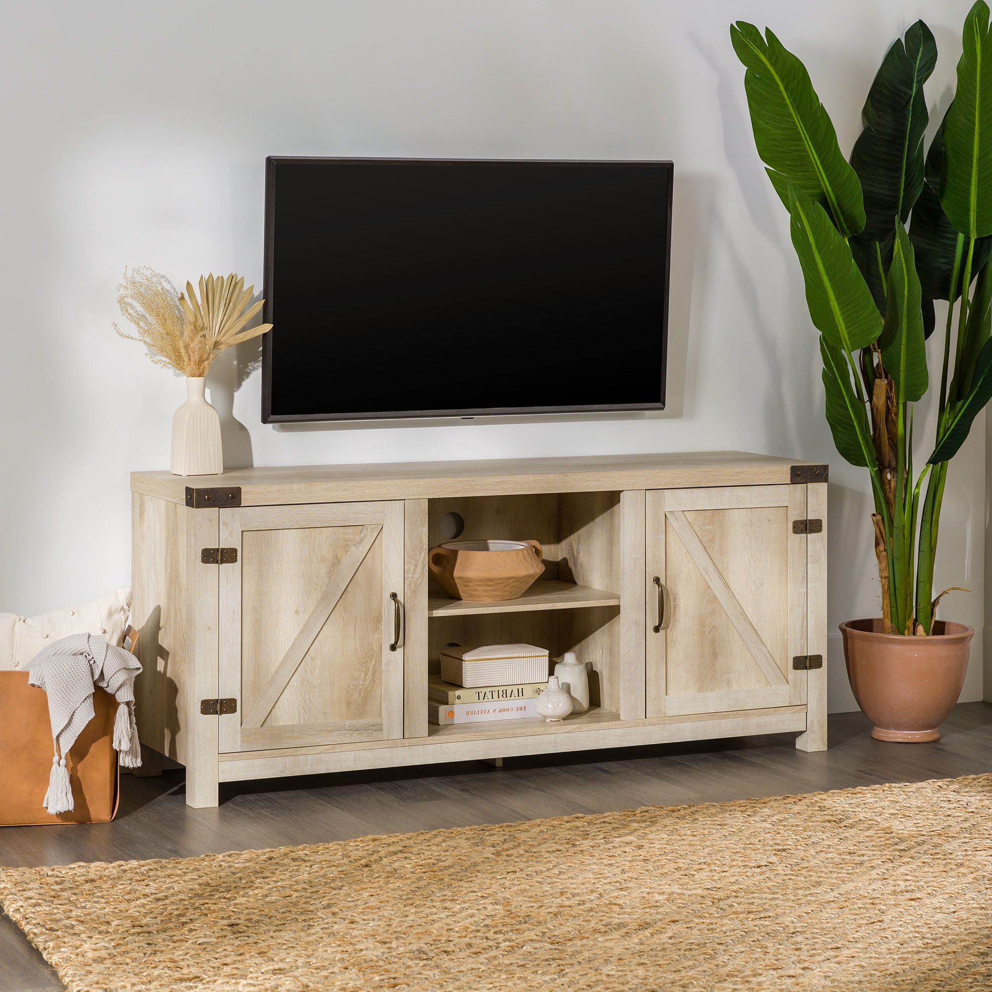 Woven Paths Modern Farmhouse Barn Door Tv Stand For Tvs Up To 65", White  Oak – Walmart In Modern Farmhouse Barn Tv Stands (View 4 of 20)