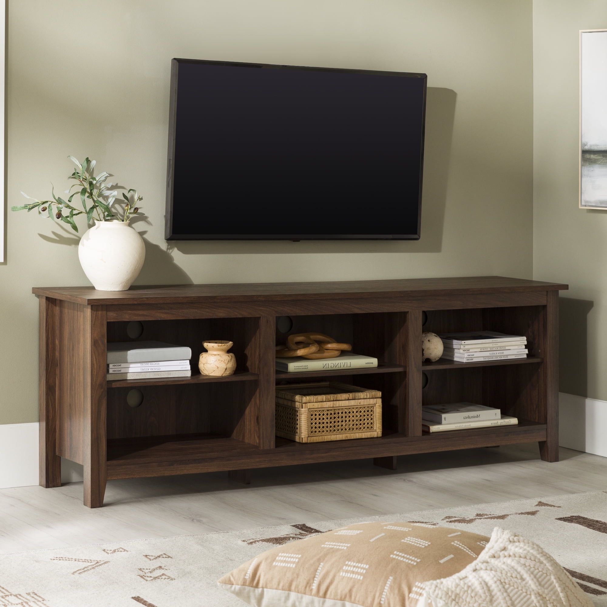 Woven Paths Open Storage Tv Stand For Tvs Up To 80", Dark Walnut –  Walmart Throughout Walnut Entertainment Centers (Gallery 15 of 20)