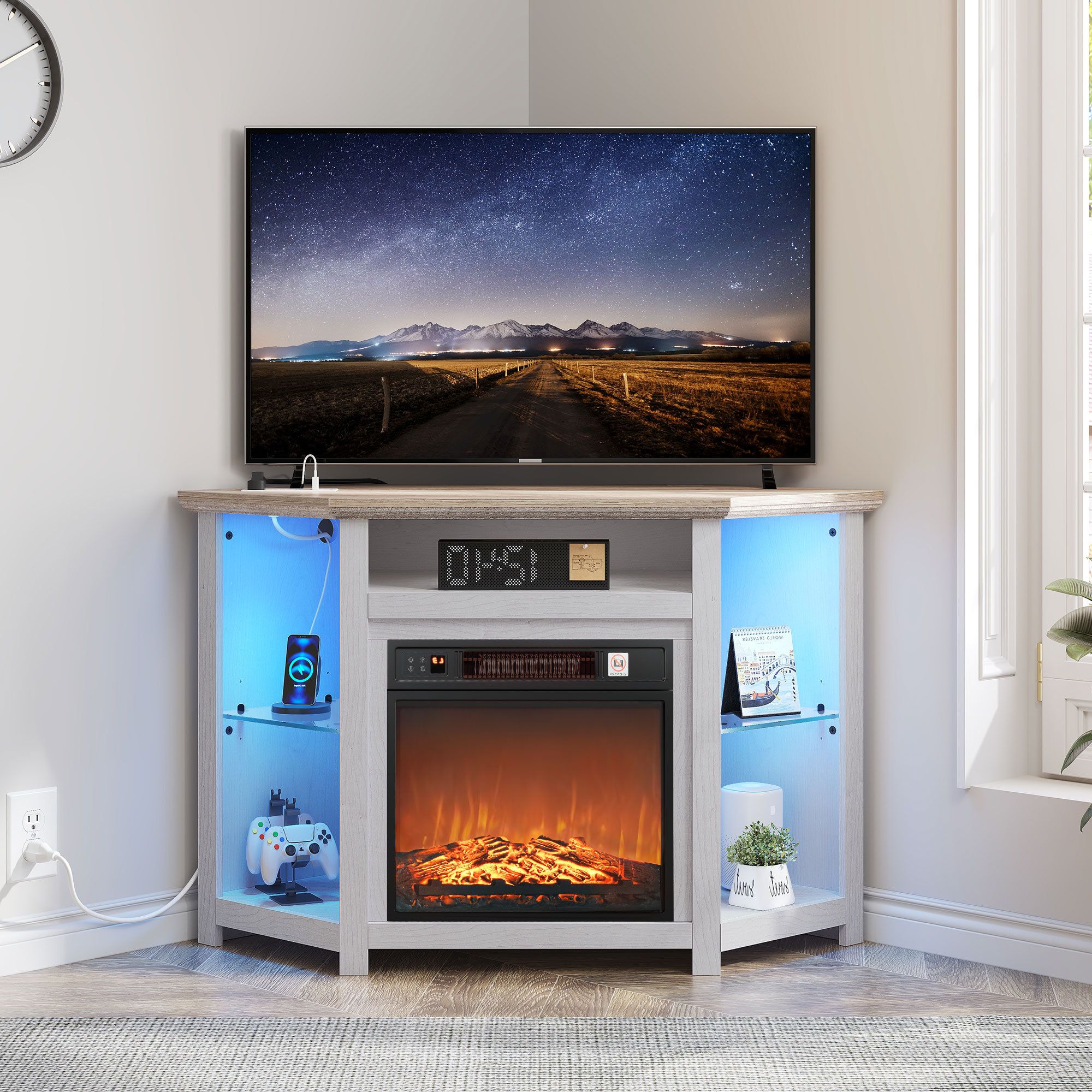 Wrought Studio Gladston Led Corner Tv Stand With Power Outlet For Living  Room With Electric Fireplace Included | Wayfair Inside Led Tv Stands With Outlet (View 11 of 20)