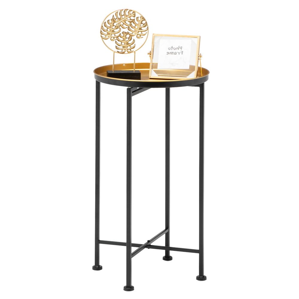 25.6" Black & Golden Folding End Table 1 Tier Metal Round Side Table In Metal Side Tables For Living Spaces (Gallery 5 of 20)