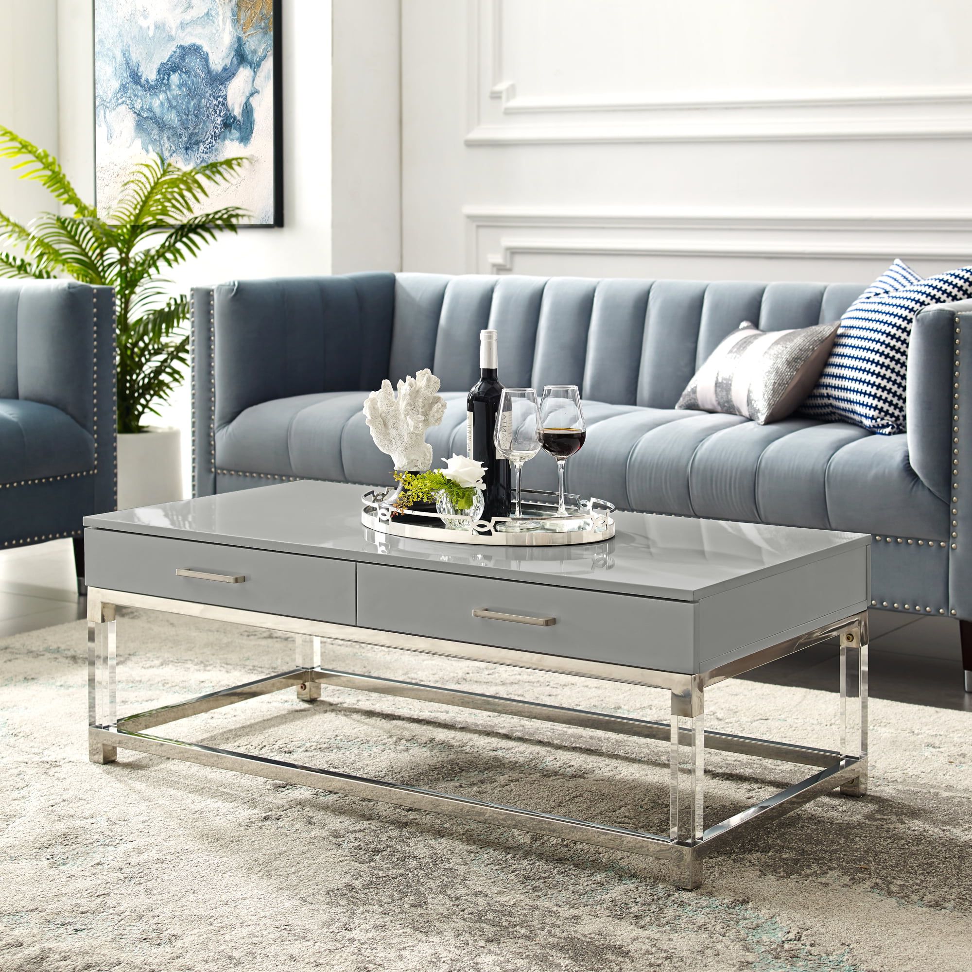 Alena Grey Coffee Table – 2 Drawers | High Gloss | Acrylic Legs With Glossy Finished Metal Coffee Tables (View 6 of 20)