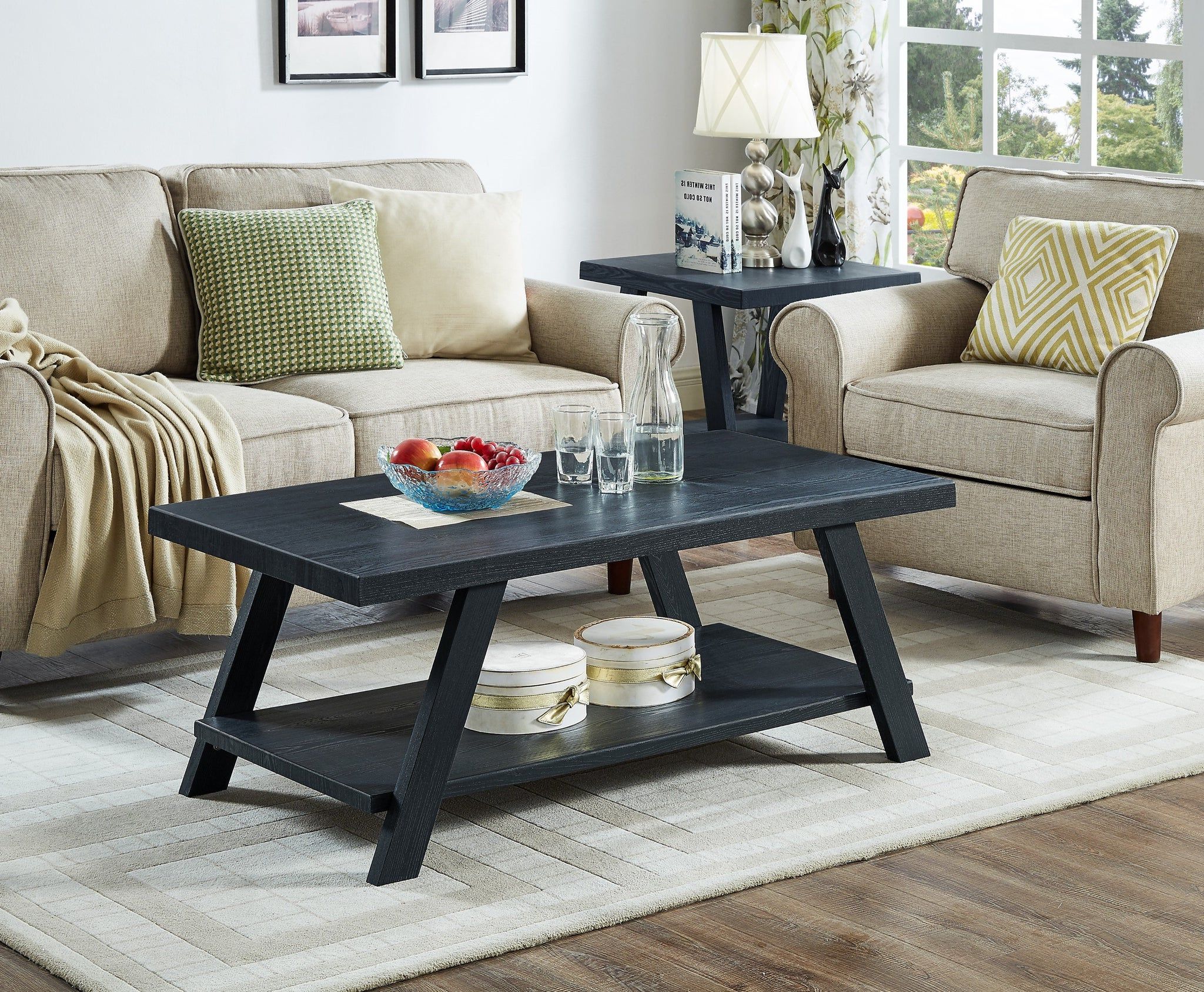 Athens Contemporary Replicated Wood Shelf Coffee Set Table In Black Fi Inside Pemberly Row Replicated Wood Coffee Tables (View 8 of 20)
