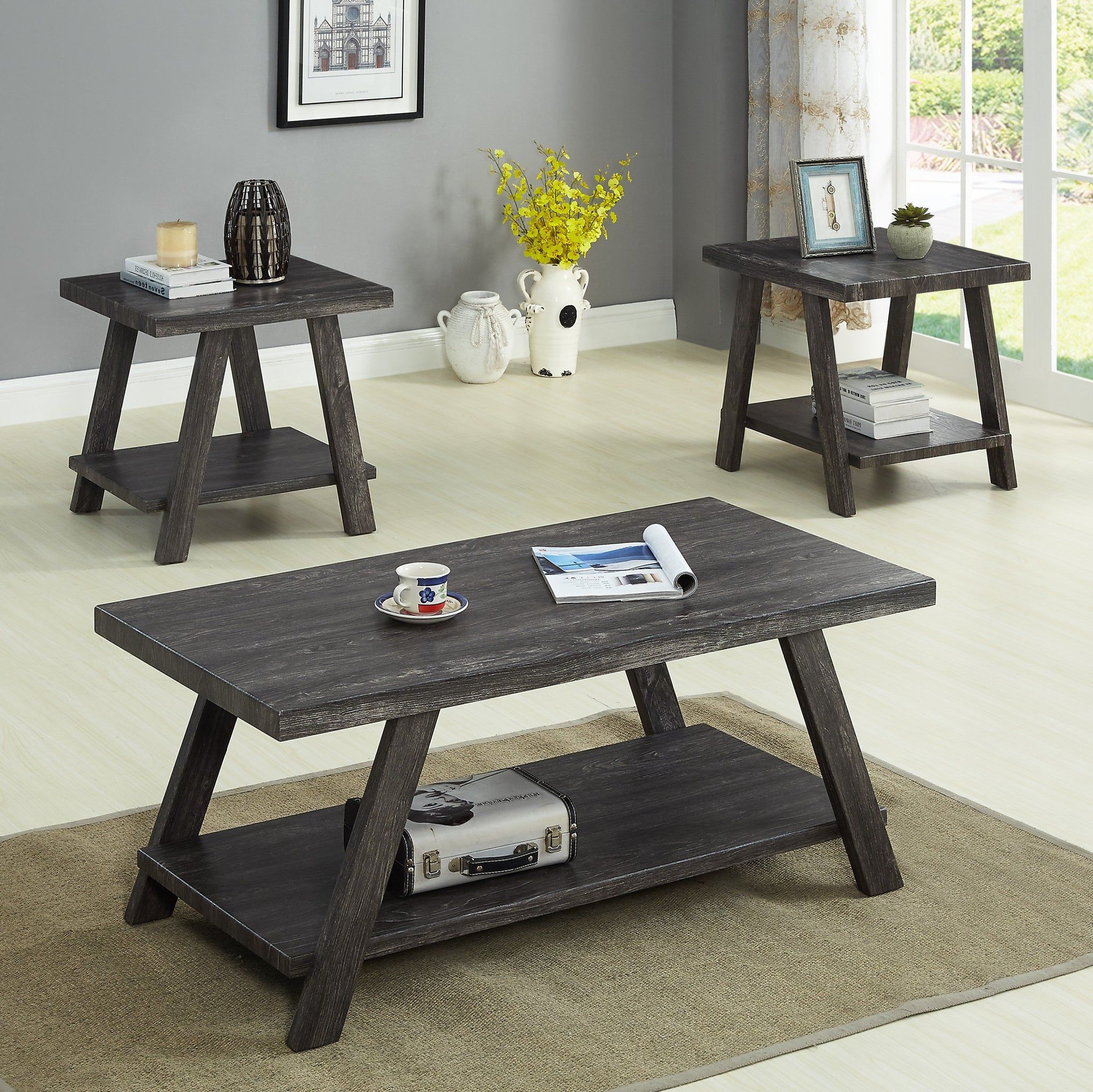 Athens Contemporary Replicated Wood Shelf Coffee Set Table In Charcoal With Pemberly Row Replicated Wood Coffee Tables (View 6 of 20)