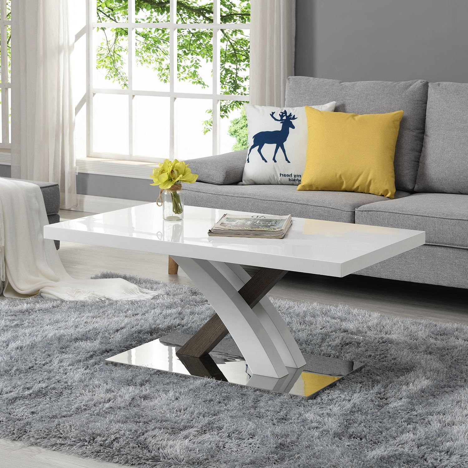 Basel High Gloss White Coffee Table With Stainless Steel Base 1 Pertaining To White T Base Seminar Coffee Tables (Gallery 3 of 20)