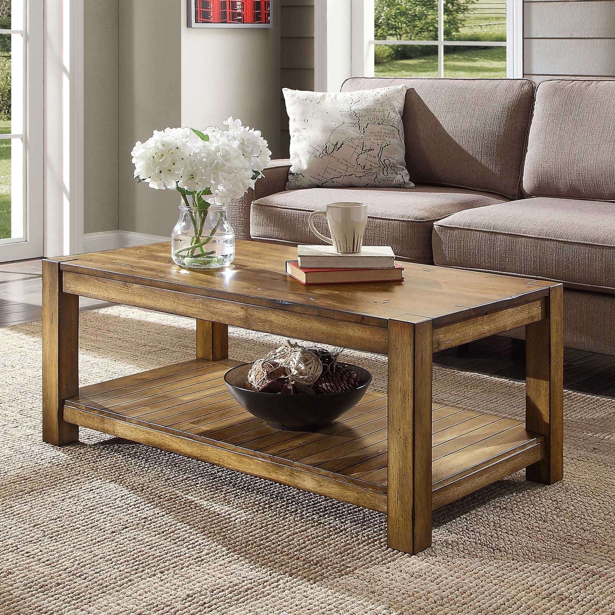 Bryant Solid Wood Coffee Table, Rustic Maple Brown Finish – Walmart Pertaining To Rustic Wood Coffee Tables (View 5 of 20)