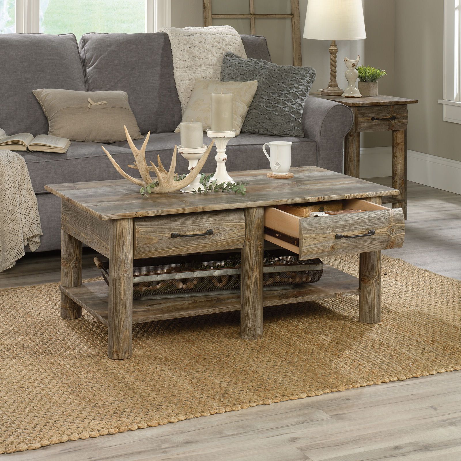 Coffee Table Rustic Farmhouse Storage Faux Drawer Wood Log Living Room For Living Room Farmhouse Coffee Tables (View 16 of 20)