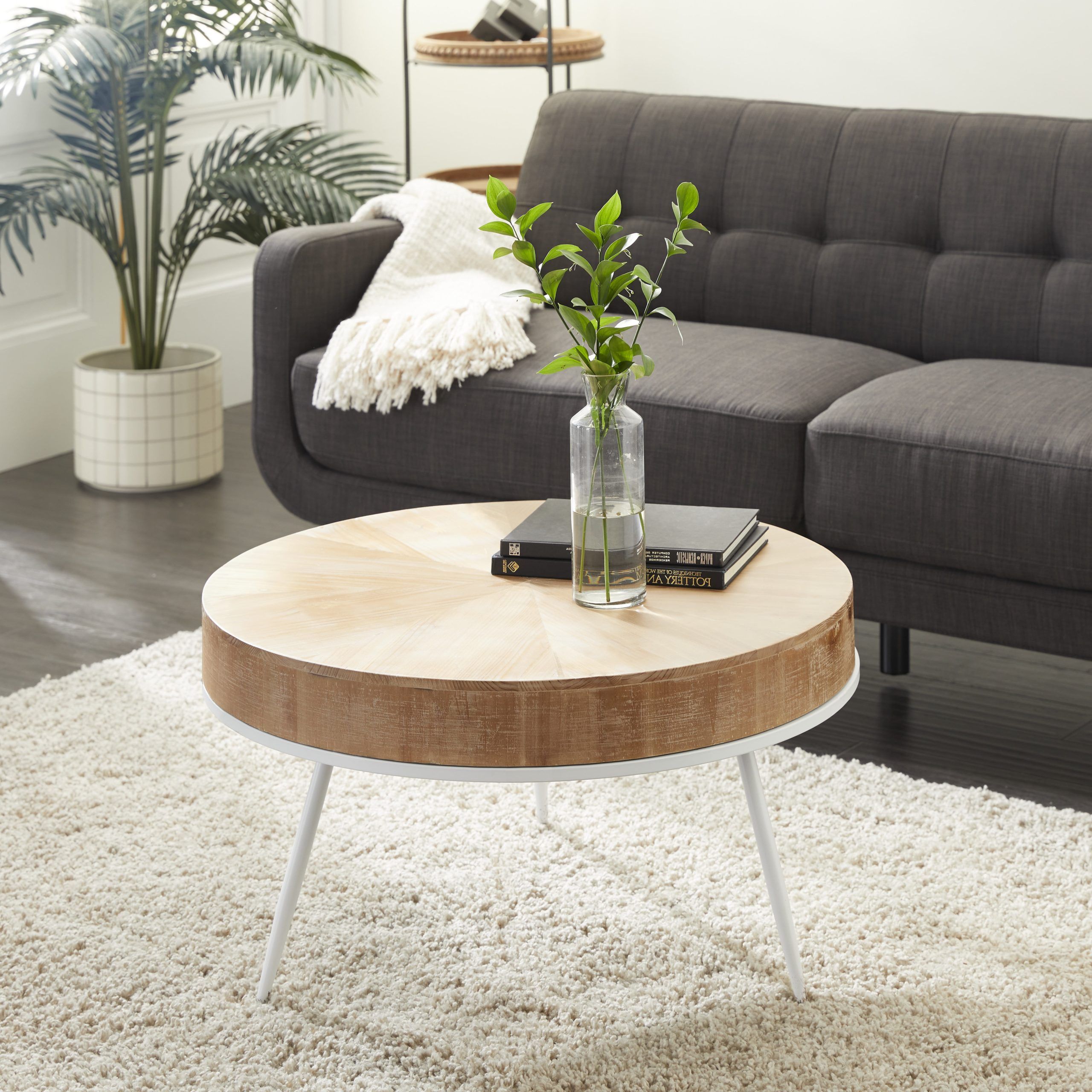 Decmode Round Natural Wood Top Coffee Table With Distressed White Metal Inside White T Base Seminar Coffee Tables (View 6 of 20)