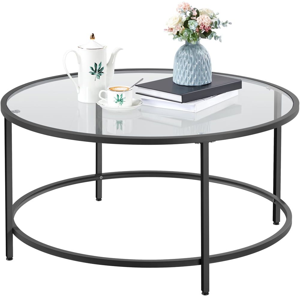 Easyfashion Round Glass Top Coffee Table Metal Framed End Table, Black Within Full Black Round Coffee Tables (View 14 of 20)