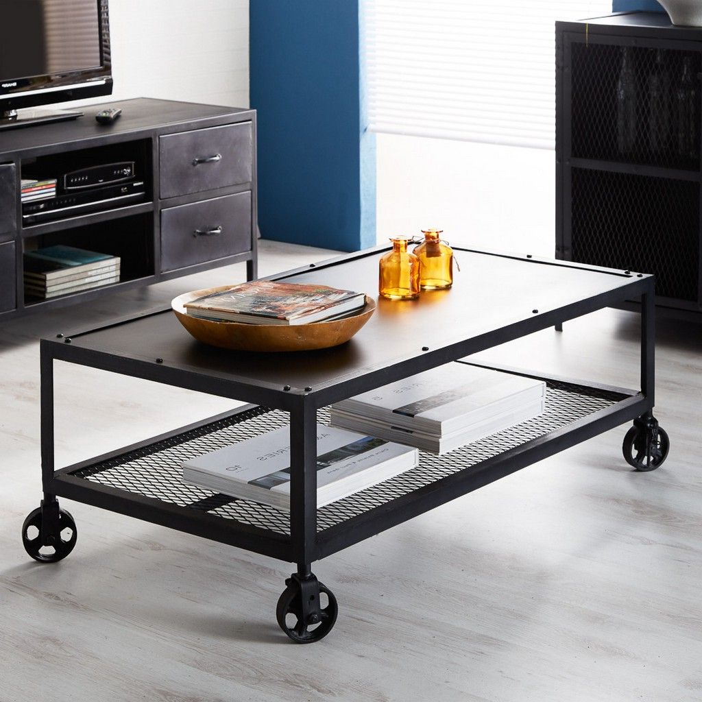 Fritz Industrial Style Black Metal Coffee Table With Wheels | Ohi Inside Studio 350 Black Metal Coffee Tables (View 3 of 20)