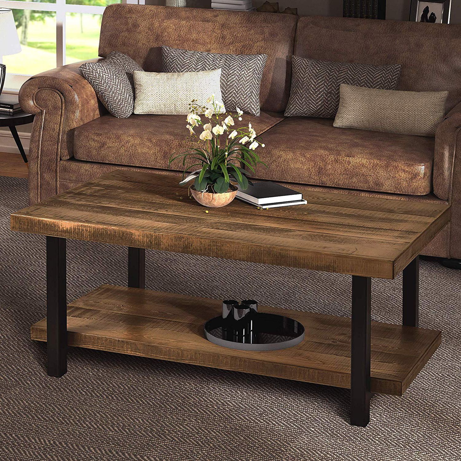 Harper&bright Designs Industrial Rectangular Pine Wood Coffee Table Pertaining To Brown Rustic Coffee Tables (View 7 of 20)