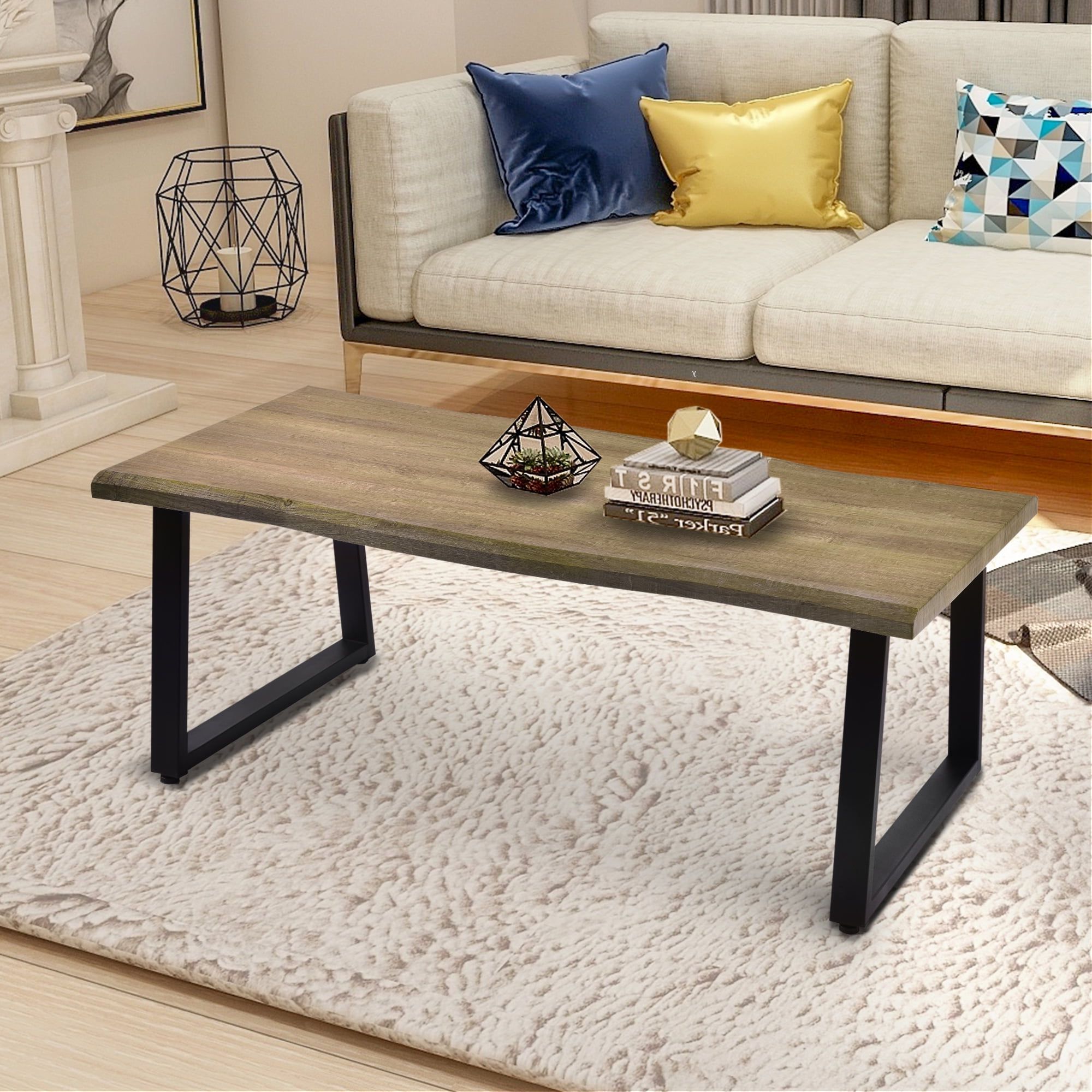 Harper&bright Designs Rustic Natural Coffee Table, Metal Frame With Regard To Glossy Finished Metal Coffee Tables (Gallery 20 of 20)