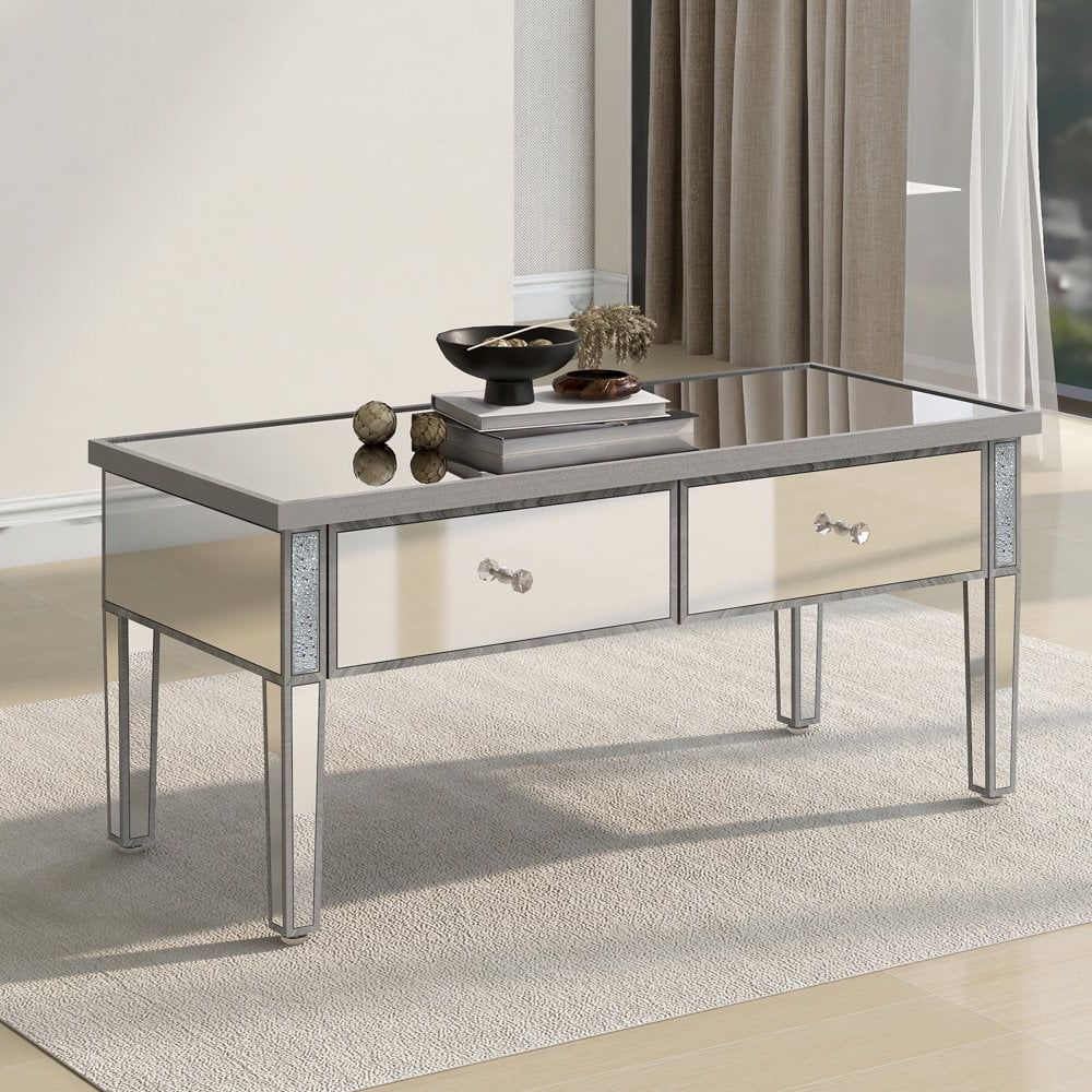 Hassch Mirrored Coffee Table With 2 Drawers, Modern Cocktail Table With In Hassch Modern Square Cocktail Tables (Gallery 7 of 20)