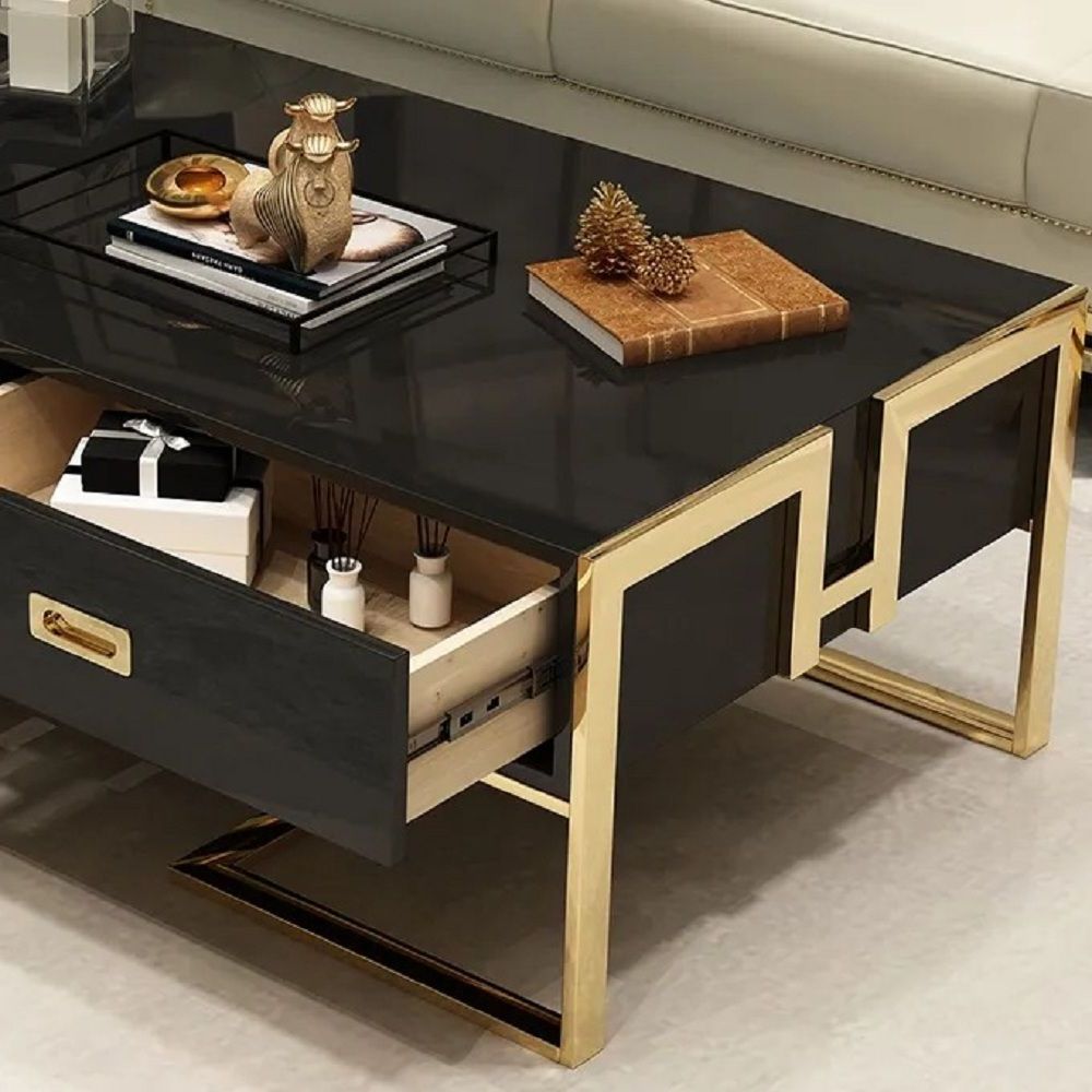 Jocise Contemporary Black Rectangular Coffee Table With Drawers Lacquer Within Rectangular Coffee Tables With Pedestal Bases (View 11 of 20)
