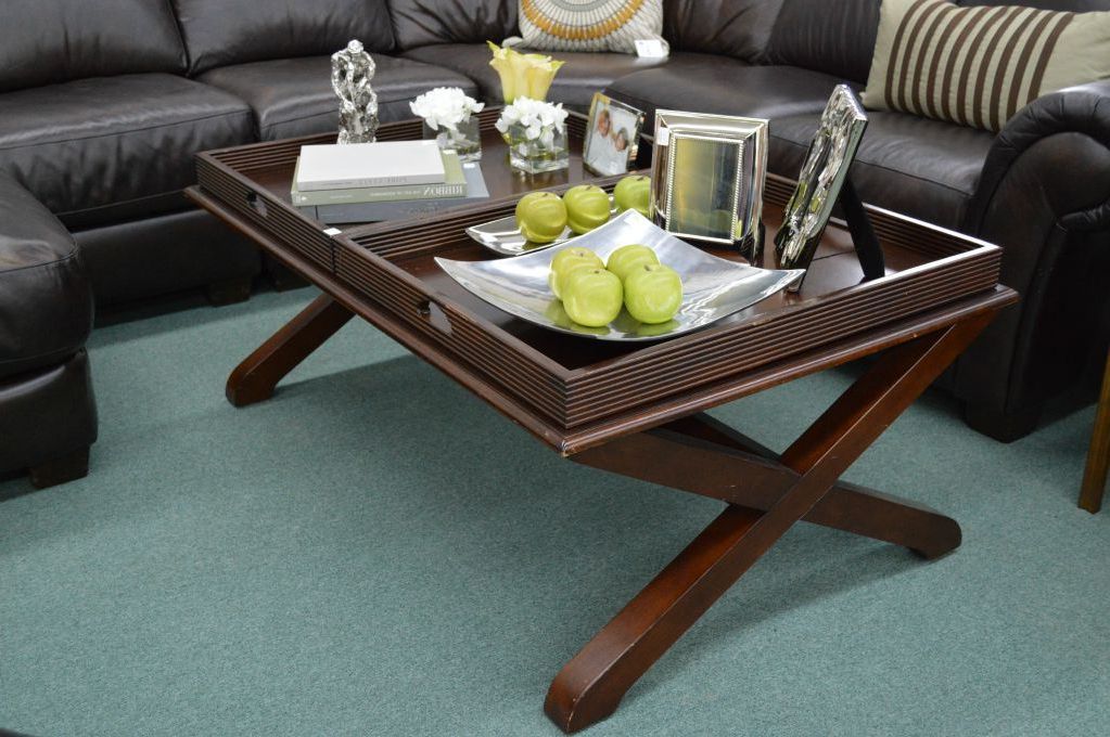 Large Modern Coffee Table With Cross Supports And Two Large Removable Trays With Regard To Detachable Tray Coffee Tables (View 8 of 20)