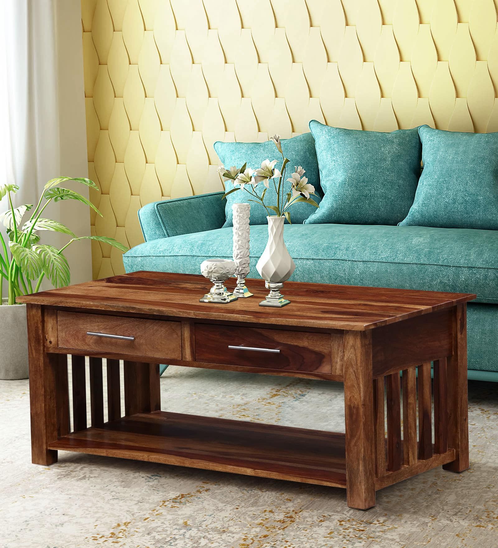 Large Sheesham Solid Wood Coffee Table In Rustic Teak Finishmft For Coffee Tables With Solid Legs (View 9 of 20)