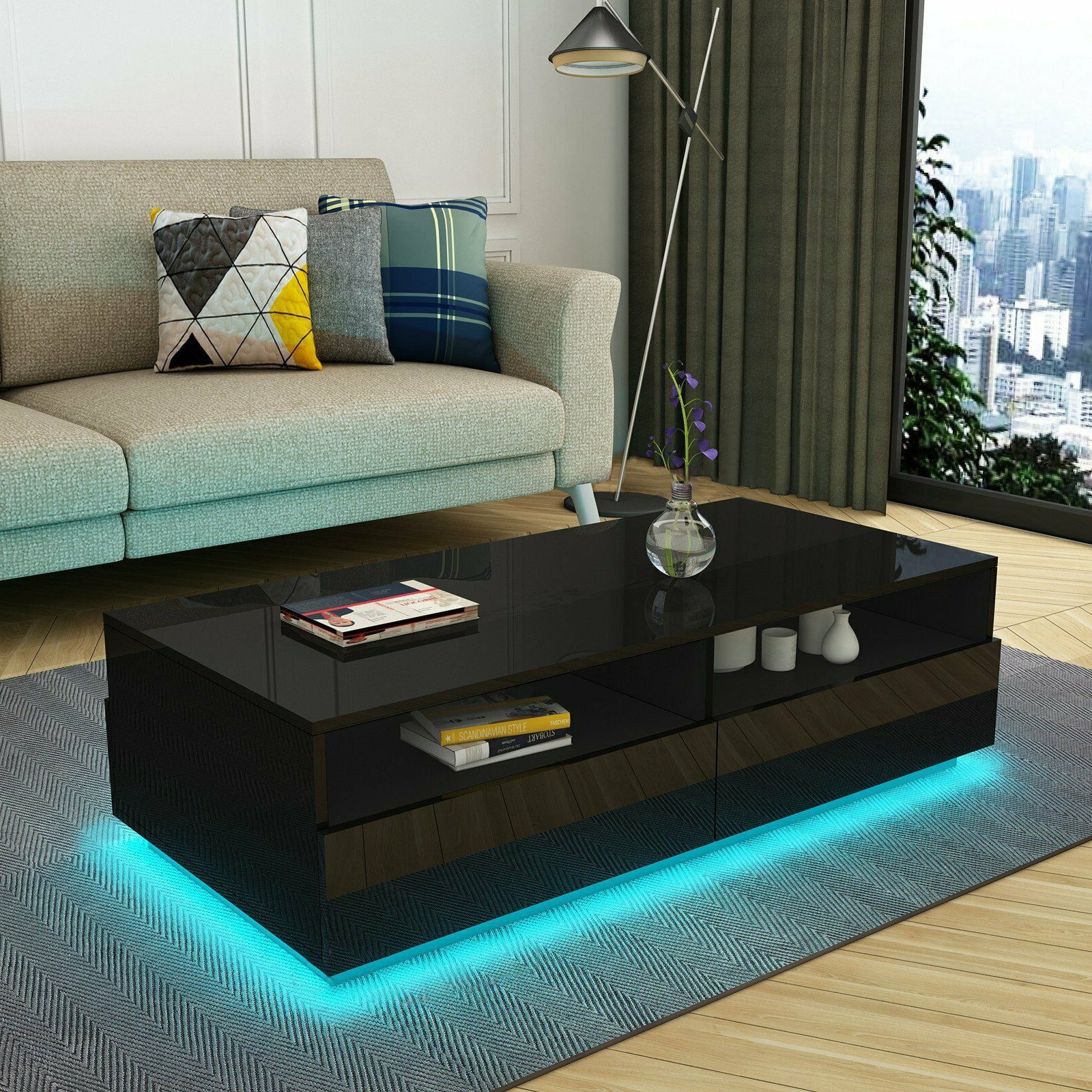 Led Rectangular Coffee Table Tea Modern Living Room Furniture Black Intended For Coffee Tables With Led Lights (Gallery 14 of 20)
