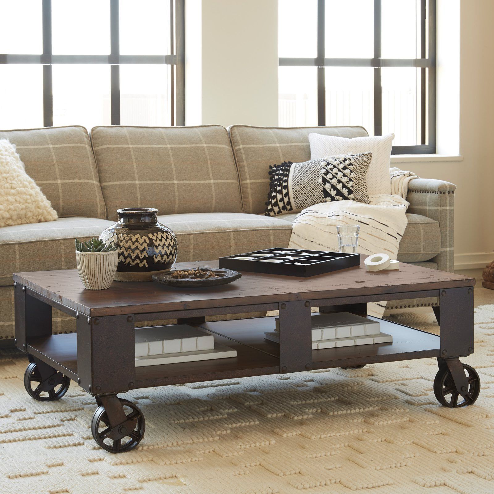 Magnussen T1755 Pinebrook Wood Rectangular Coffee Table With 2 Braking In Coffee Tables With Casters (Gallery 1 of 20)