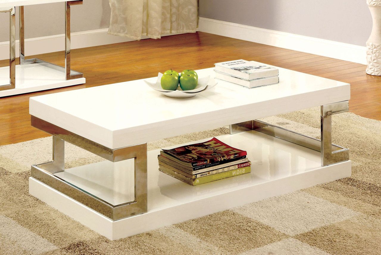 Messina Contemporary White Gloss Chrome Coffee Table In Glossy Finished Metal Coffee Tables (View 11 of 20)