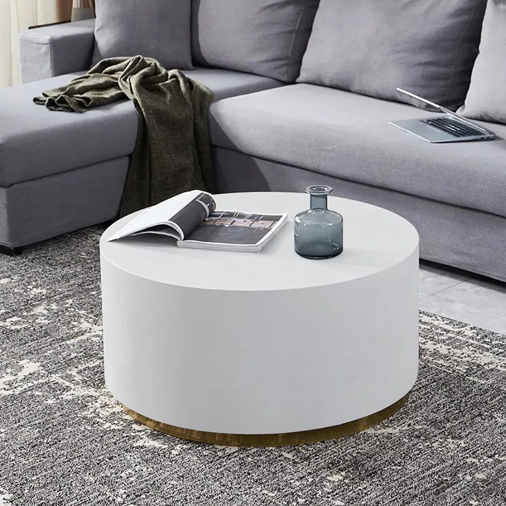 Minimalist Round Drum Coffee Table With Gold Base With Regard To White T Base Seminar Coffee Tables (Gallery 10 of 20)