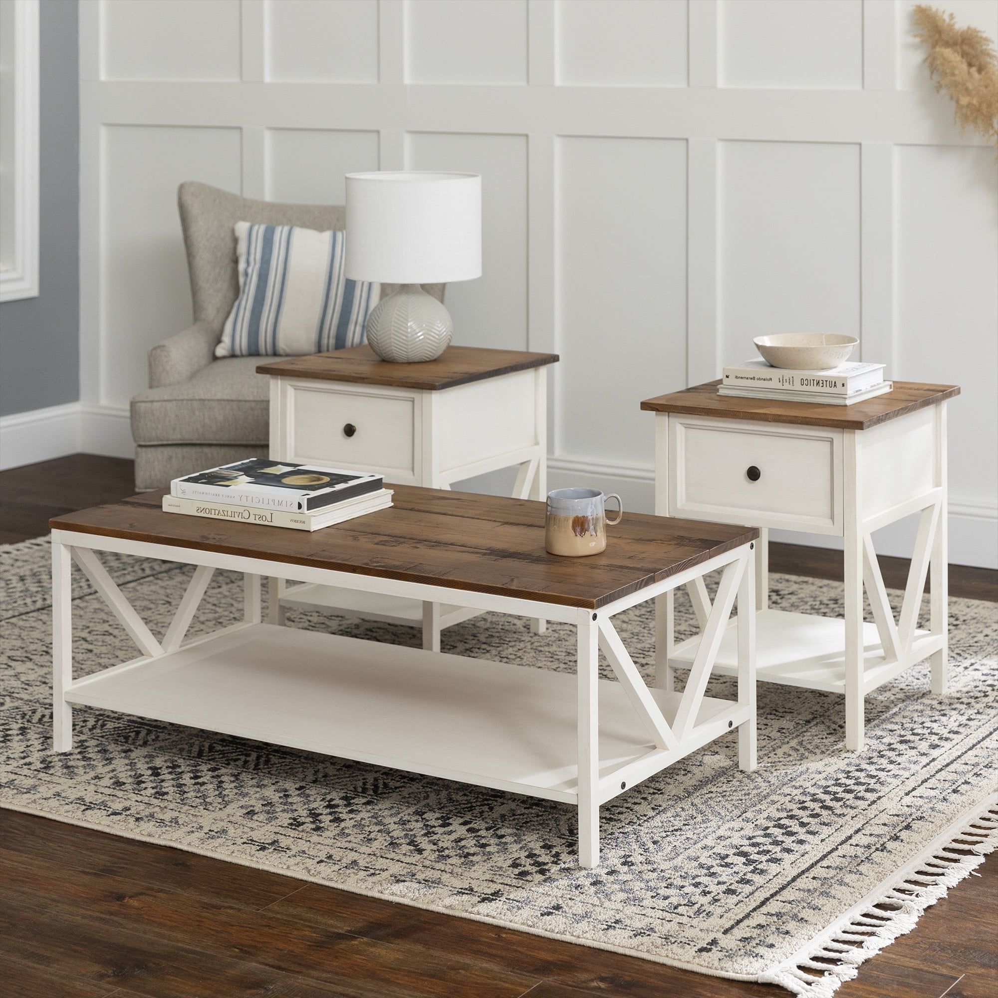 Modern Farmhouse Accent Table Set, Distressed White – Walmart With White T Base Seminar Coffee Tables (Gallery 11 of 20)