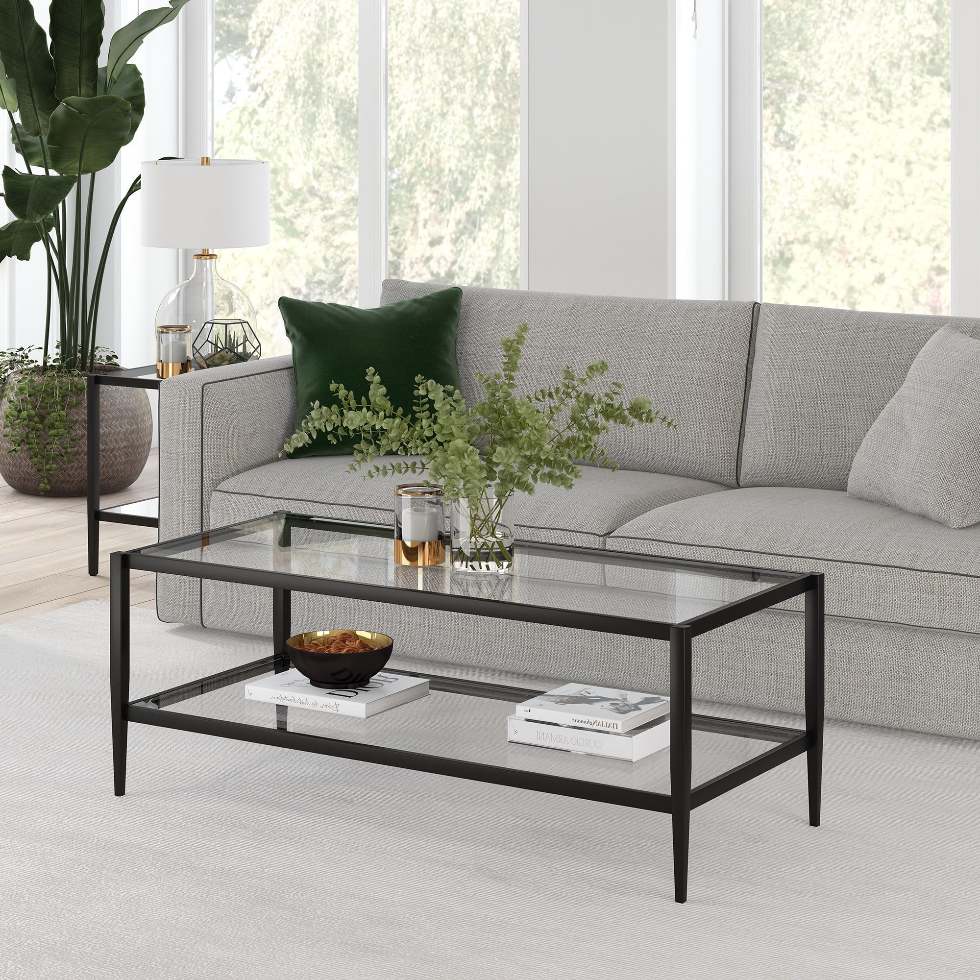 Modern Glass Coffee Table, Rectangular Cocktail Table In Blackened Throughout Rectangular Coffee Tables With Pedestal Bases (View 9 of 20)