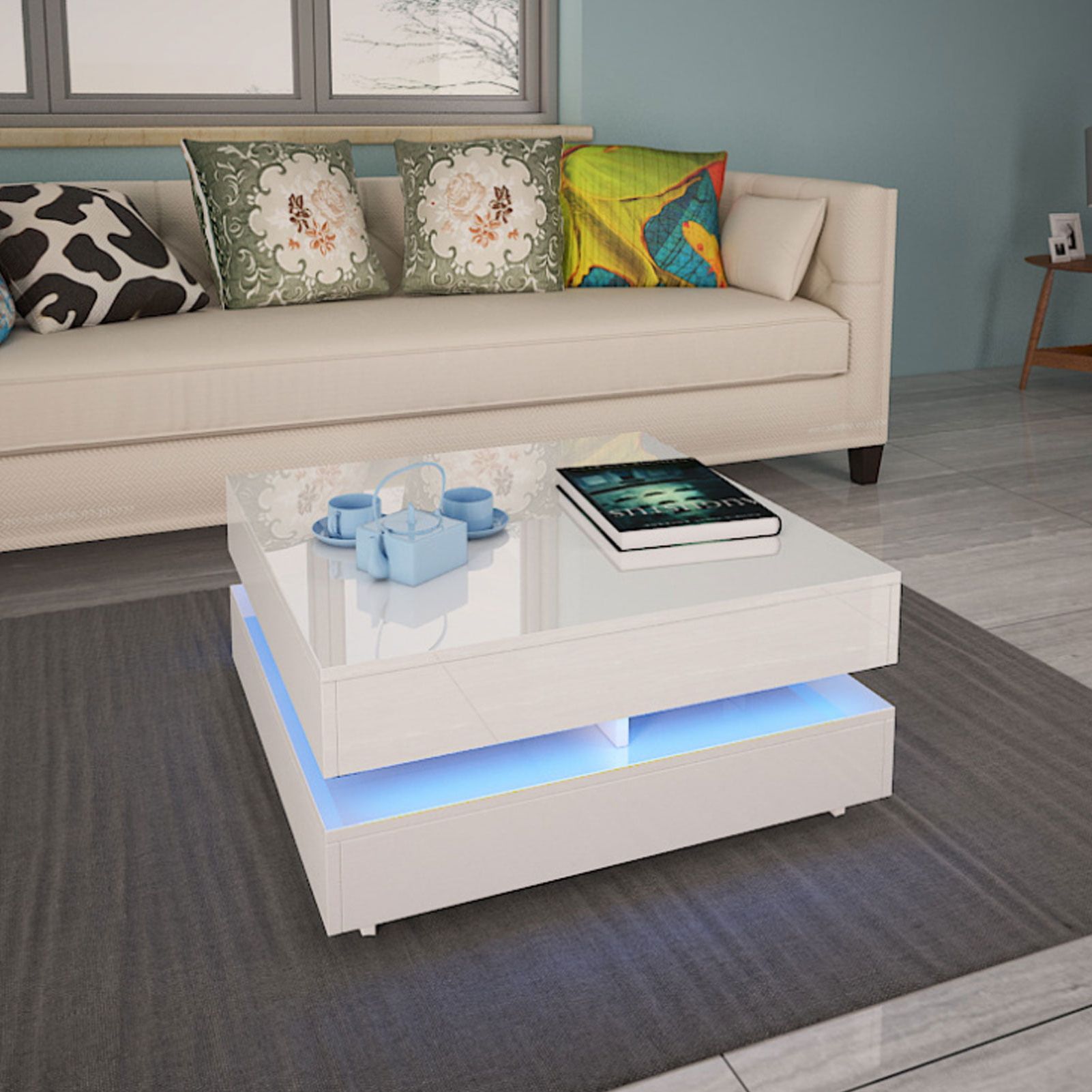 Modern Modern Glossy White Coffee Table W/ Led Lighting, 2 Tier Regarding Coffee Tables With Led Lights (Gallery 8 of 20)