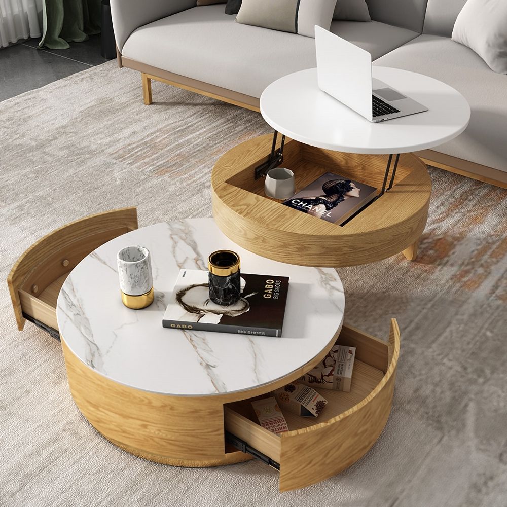 Modern Round Coffee Table With Storage Lift Top Wood & Stone Coffee For Modern Coffee Tables With Hidden Storage Compartments (View 10 of 20)