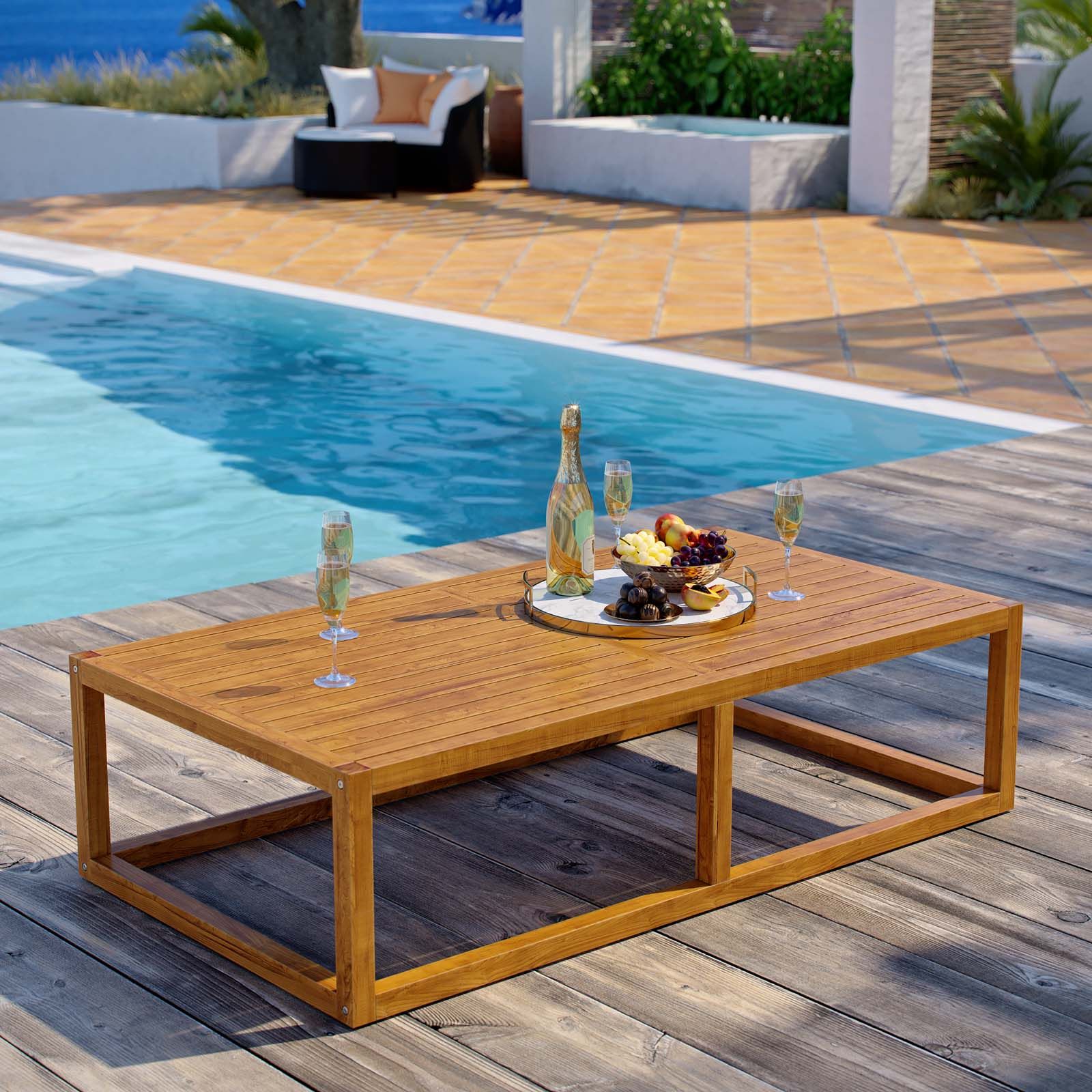 Newbury Outdoor Patio Premium Grade A Teak Wood Coffee Table Natural Pertaining To Modern Outdoor Patio Coffee Tables (View 14 of 20)
