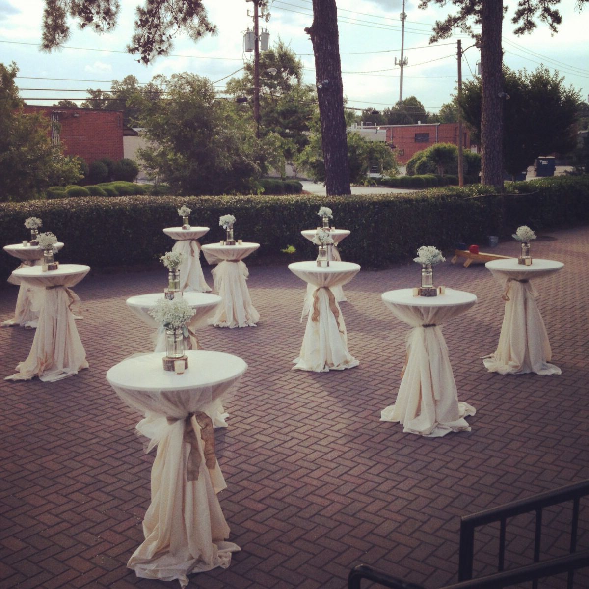 Outdoor Cocktail Tables With Tulle Overlays, Burlap Ties And Baby's Regarding Natural Outdoor Cocktail Tables (View 15 of 20)