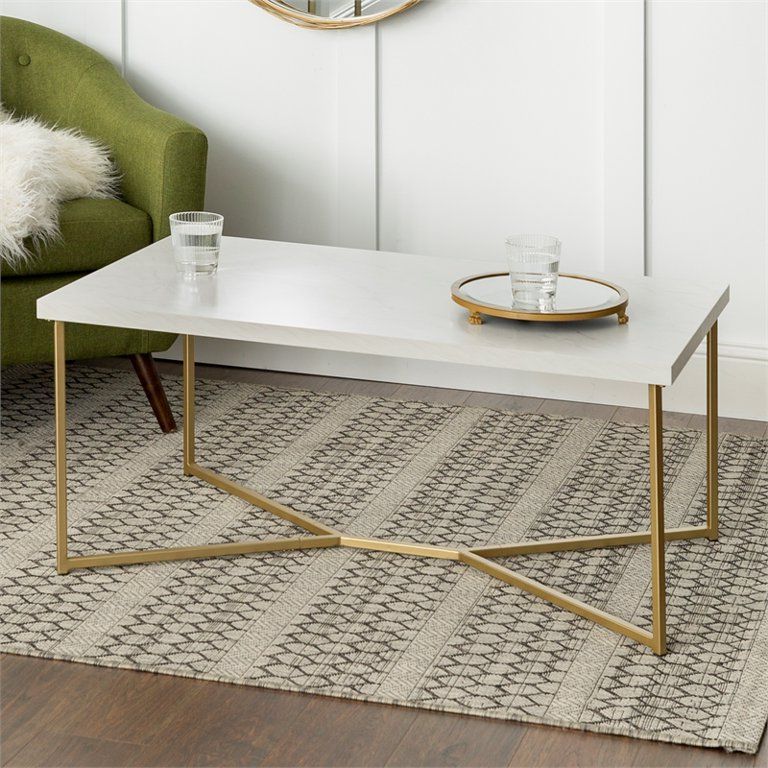 Rectangle Coffee Table With White Faux Marble Top And Gold Base For Rectangular Coffee Tables With Pedestal Bases (View 16 of 20)