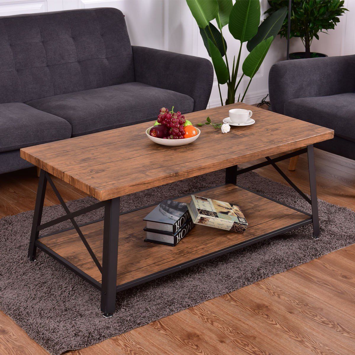 Rectangular Metal Frame Wood Coffee Table With Storage Shelf | Coffee In Metal 1 Shelf Coffee Tables (View 9 of 20)
