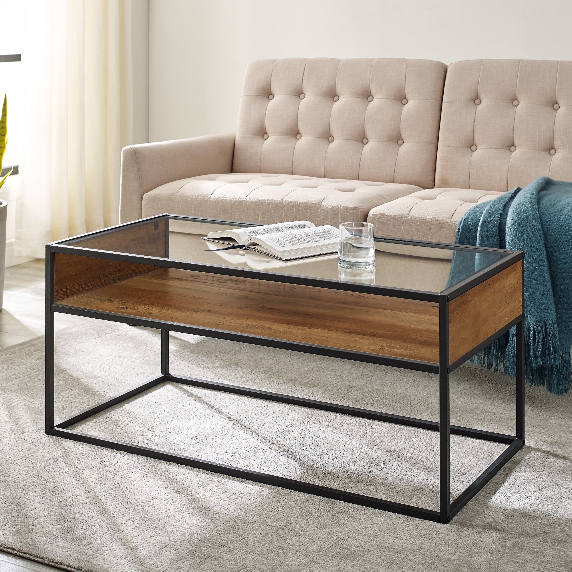 Redding Metal And Glass Open Shelf Reclaimed Barnwood Coffee Table Within Metal 1 Shelf Coffee Tables (View 8 of 20)