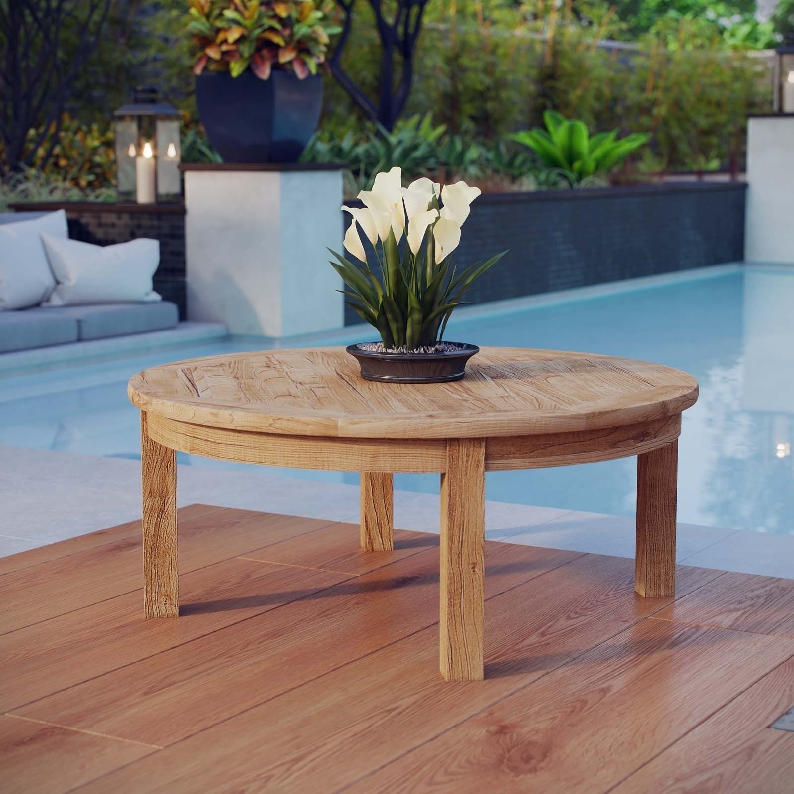 Shop Modway Pier Natural Teak Modern Outdoor Round Patio Coffee Table Pertaining To Modern Outdoor Patio Coffee Tables (View 4 of 20)