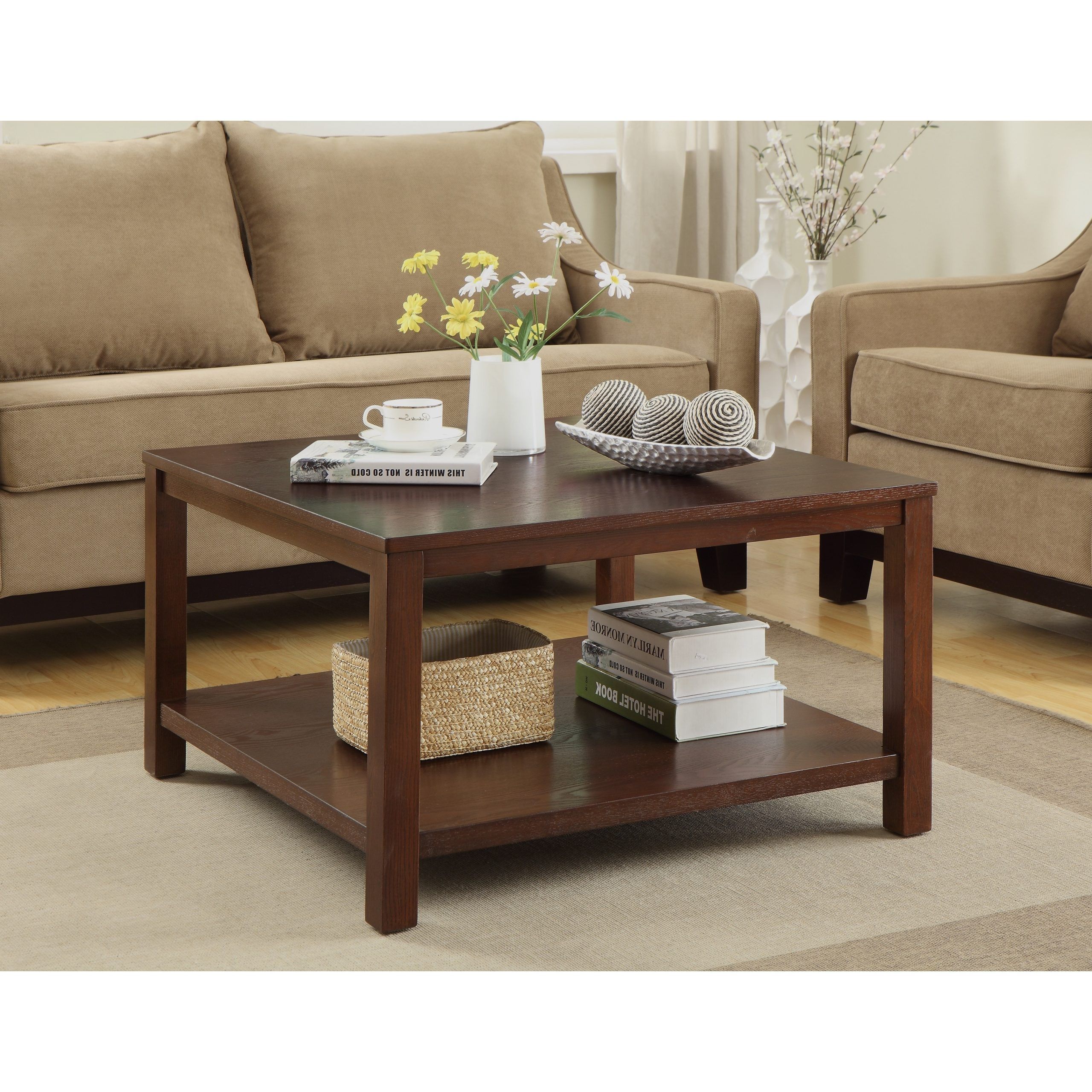 Square Coffee Table With Dual Shelves Solid Wood Legs & Wood | Ebay For Coffee Tables With Solid Legs (View 10 of 20)