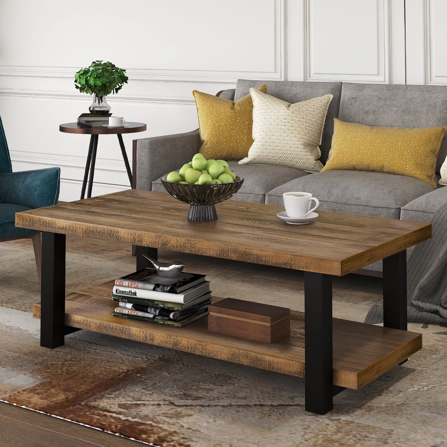 Topcobe Rustic Natural Coffee Table With Storage Shelf, Side End Table Pertaining To Rectangular Coffee Tables With Pedestal Bases (View 3 of 20)