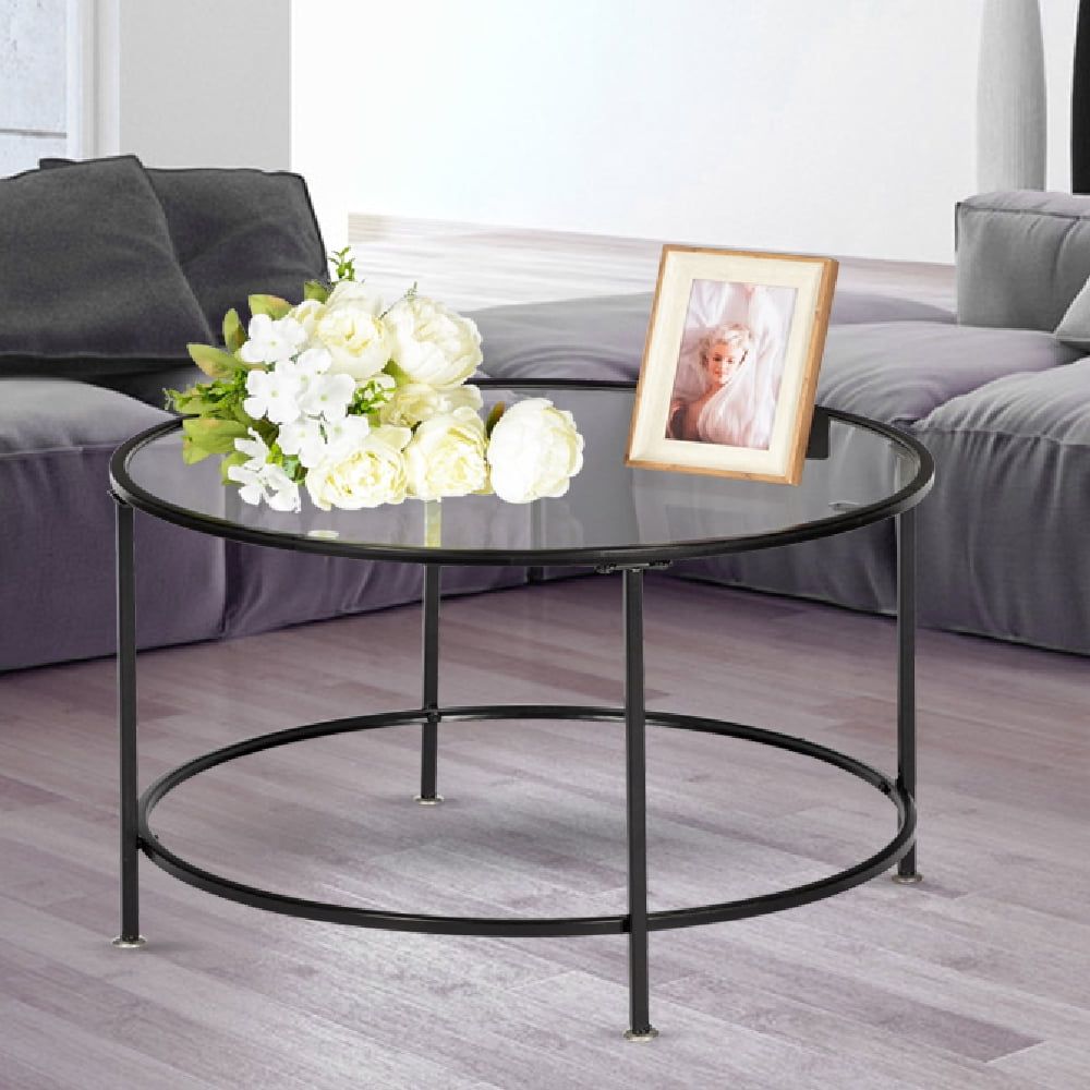 Ubesgoo 26" Round Glass Coffee Table With Black Iron Frame – Walmart Inside Full Black Round Coffee Tables (View 18 of 20)