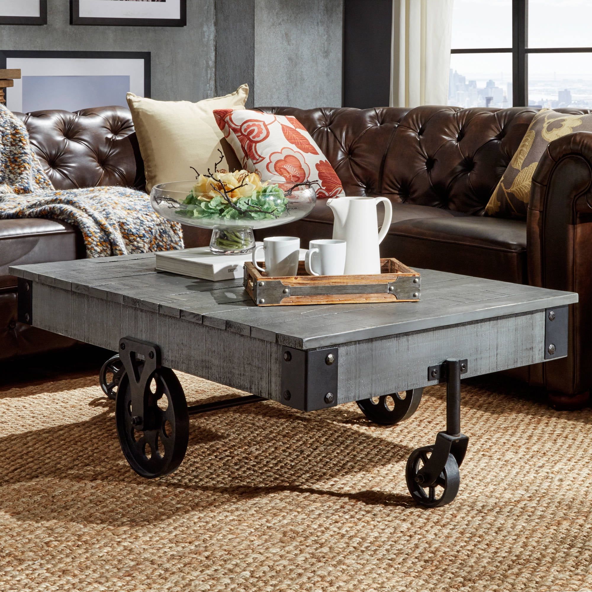 Weston Home Metal Supports Cocktail Table With Functional Wheels, Grey In Gray Coastal Cocktail Tables (View 12 of 20)
