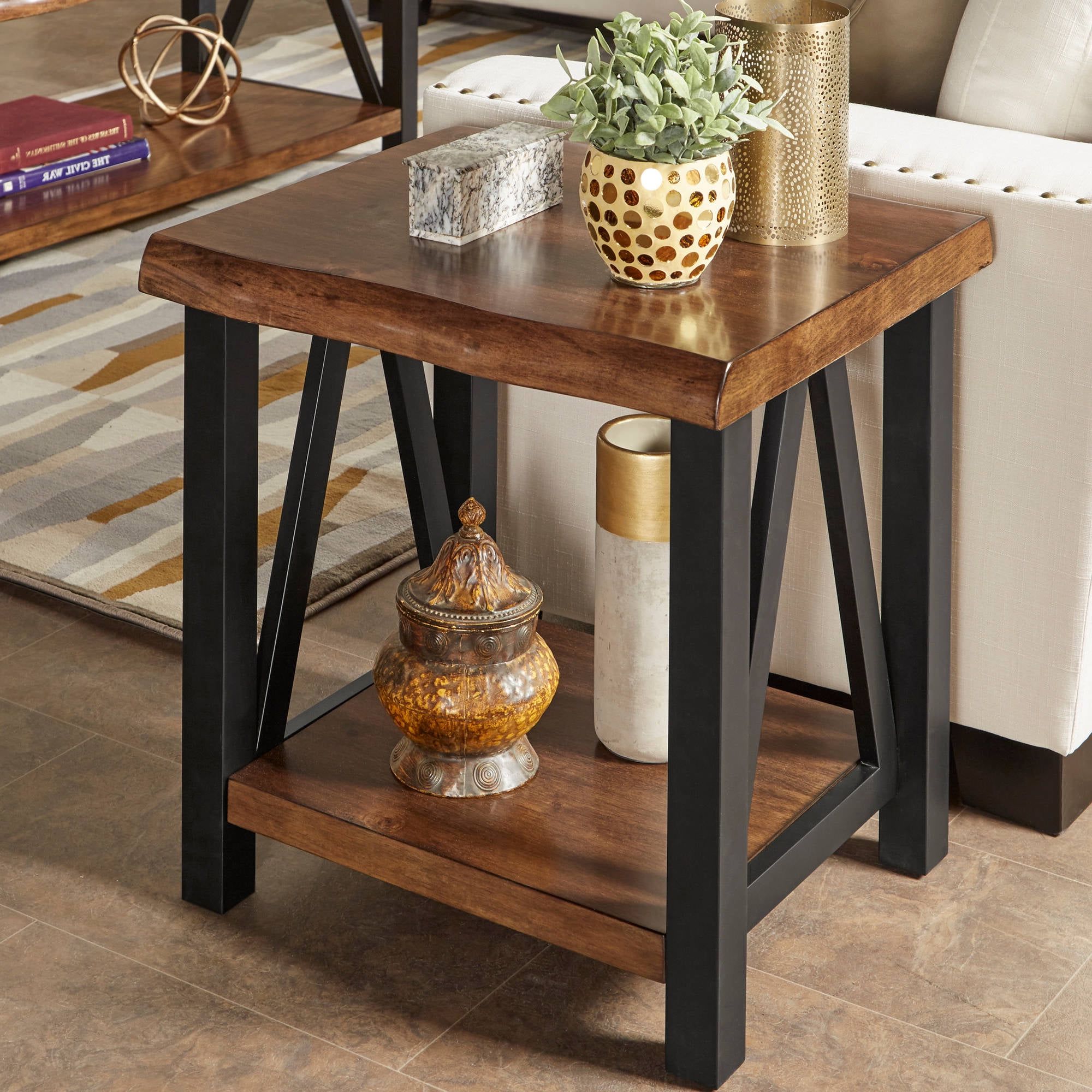 Weston Home Rustic Metal Base End Table With Natural Edge Table Top And Inside Metal Side Tables For Living Spaces (Gallery 6 of 20)