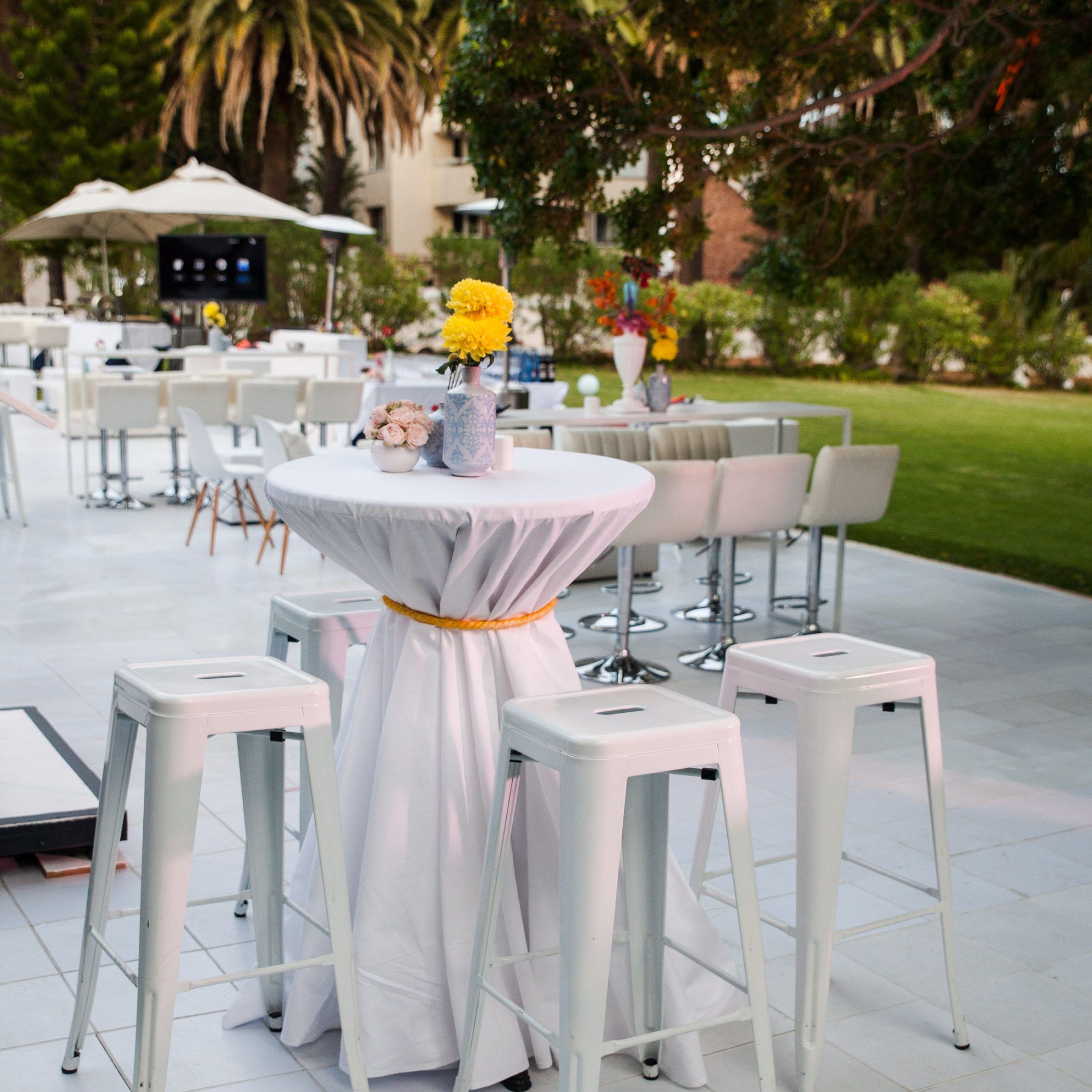 White Cocktail Furniture At An Outdoor Event For Pre Drinks Outdoor With Regard To Natural Outdoor Cocktail Tables (Gallery 6 of 20)