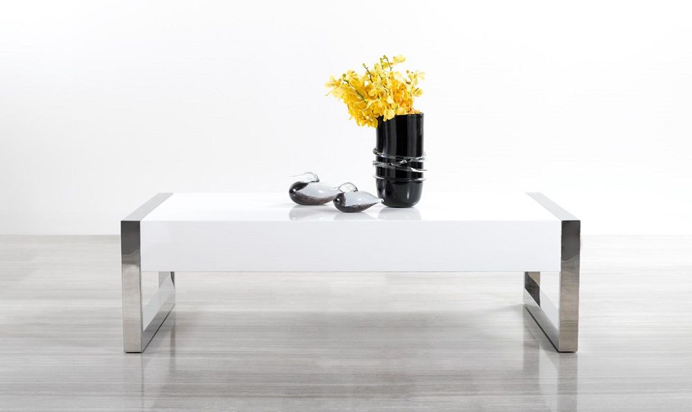 White High Gloss Coffee Table With Square Chrome Legs New York New York In Glossy Finished Metal Coffee Tables (Gallery 5 of 20)