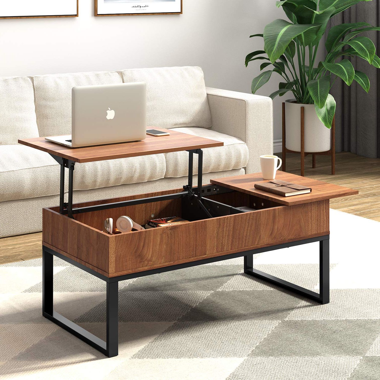 Wlive Wood Coffee Table With Adjustable Lift Top Table, Metal Frame Within Modern Coffee Tables With Hidden Storage Compartments (View 13 of 20)