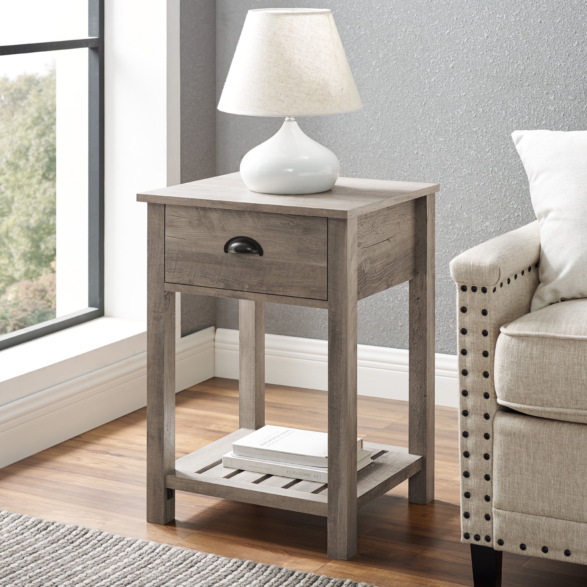 Woven Paths Farmhouse Single Drawer Open Shelf End Table, Grey Wash Pertaining To Rustic Gray End Tables (View 16 of 20)