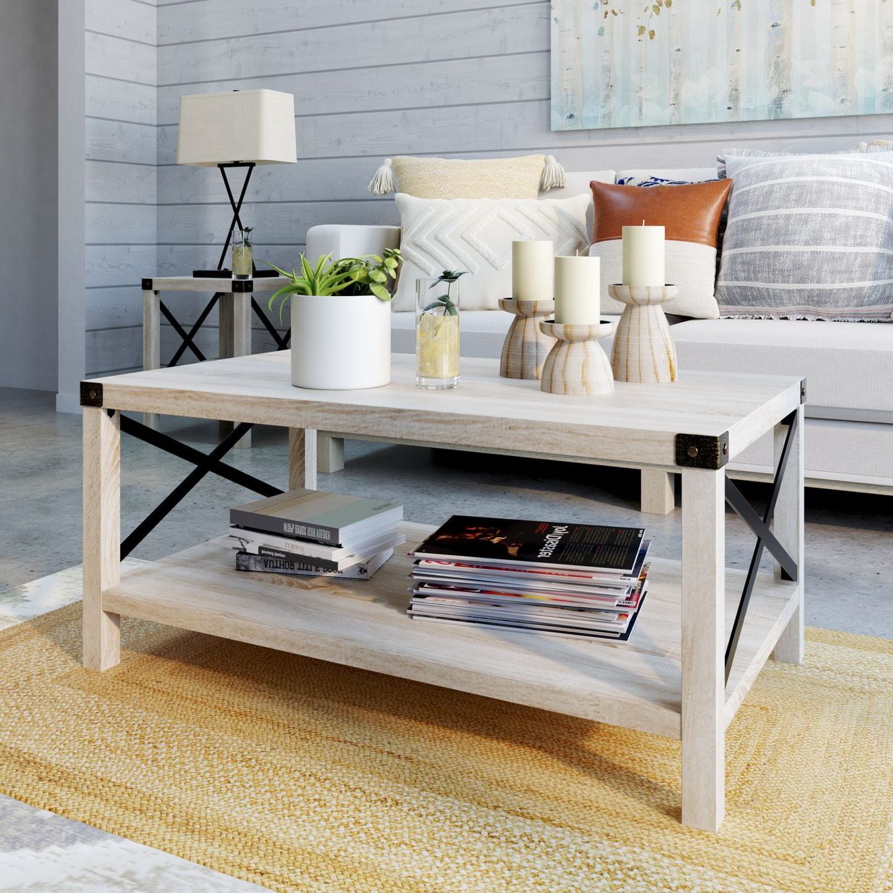Woven Paths Magnolia Metal X Coffee Table, White Oak – Walmart With Regard To Woven Paths Coffee Tables (Gallery 1 of 20)