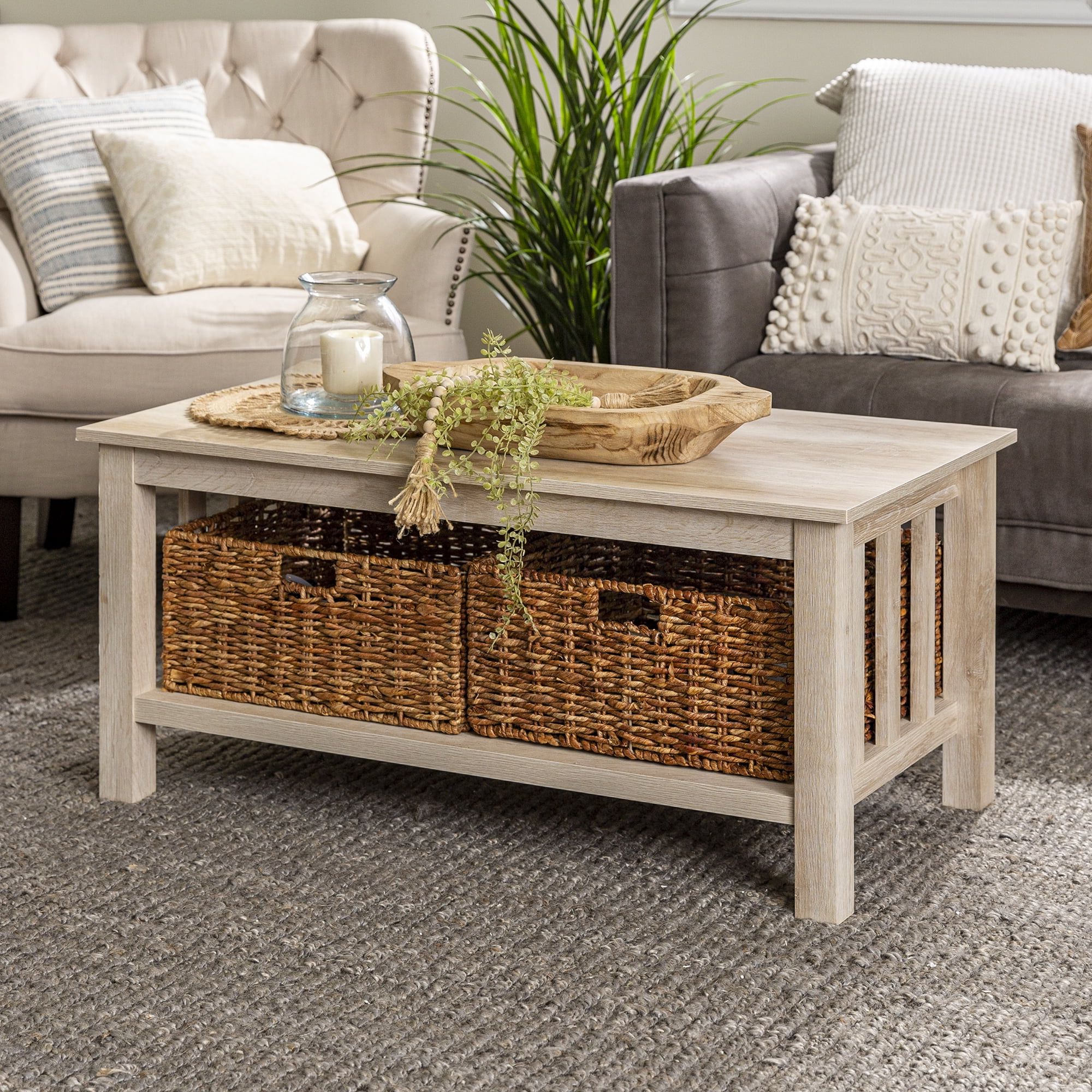 Woven Paths Traditional Storage Coffee Table With Bins, White Oak With Regard To Woven Paths Coffee Tables (Gallery 3 of 20)
