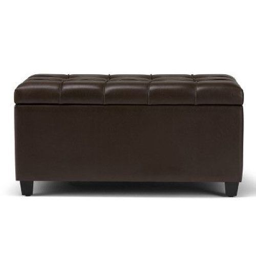 Brown Faux Leather Tufted Round Wood Ottomans (Photo 20 of 20)