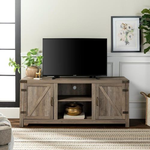 Jaxpety 58" Farmhouse Sliding Barn Door Tv Stands In Rustic Gray (Photo 12 of 20)