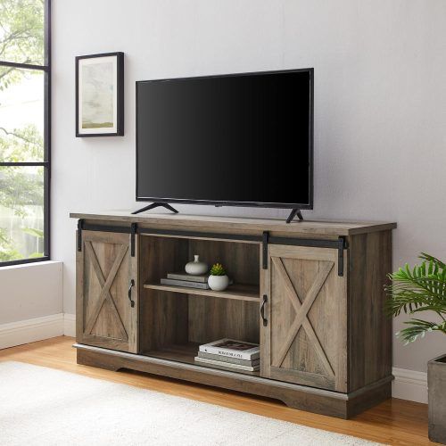 Jaxpety 58" Farmhouse Sliding Barn Door Tv Stands In Rustic Gray (Photo 3 of 20)