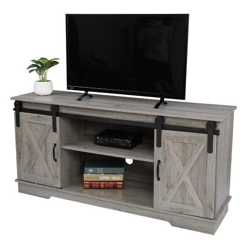 Jaxpety 58" Farmhouse Sliding Barn Door Tv Stands In Rustic Gray (Photo 16 of 20)