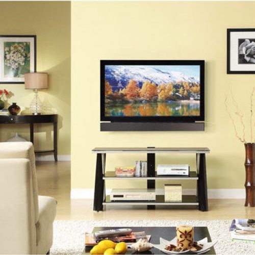 Whalen Furniture Black Tv Stands For 65" Flat Panel Tvs With Tempered Glass Shelves (Photo 15 of 20)