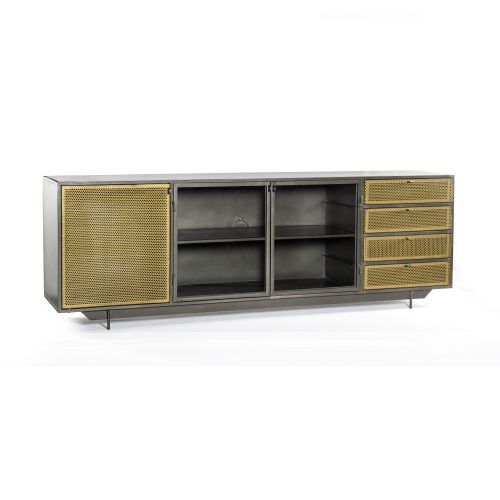 Gunmetal Perforated Brass Media Console Tables (Photo 1 of 20)